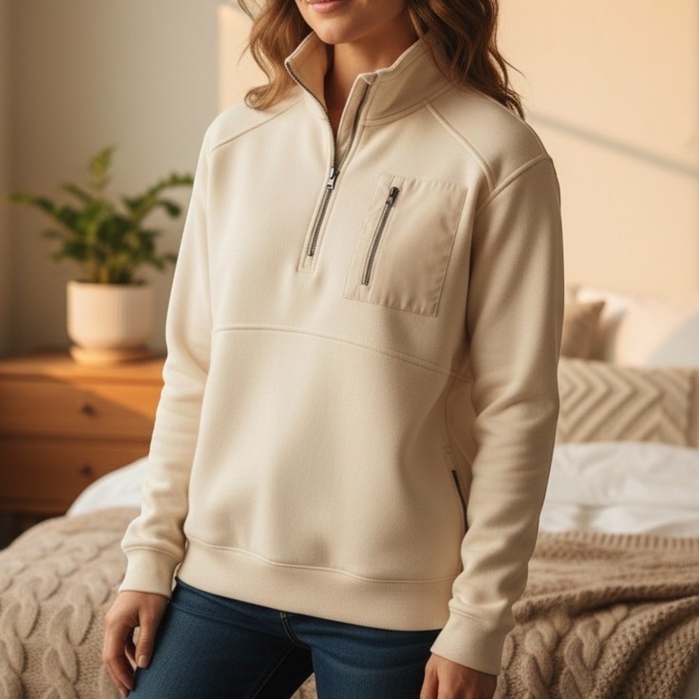 Avia Womens Cream Quarter Zip Fleece Pullover Sweatshirt Size S 4-6 Pocket